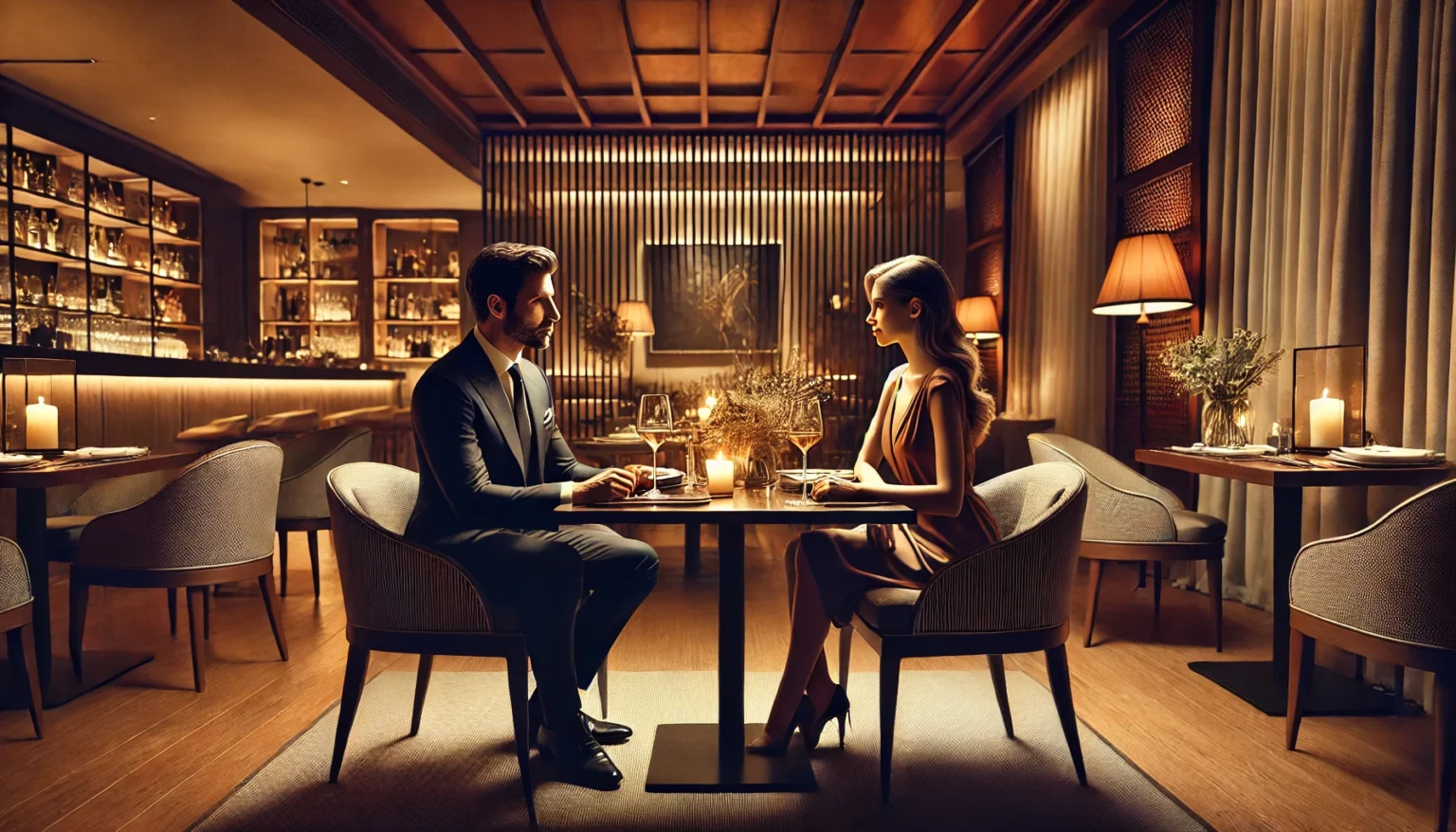 DALL·E 2024 10 25 10.27.20 A serene upscale setting with a well dressed man and woman seated at an elegant dinner table in a luxurious restaurant. The atmosphere is intimate w