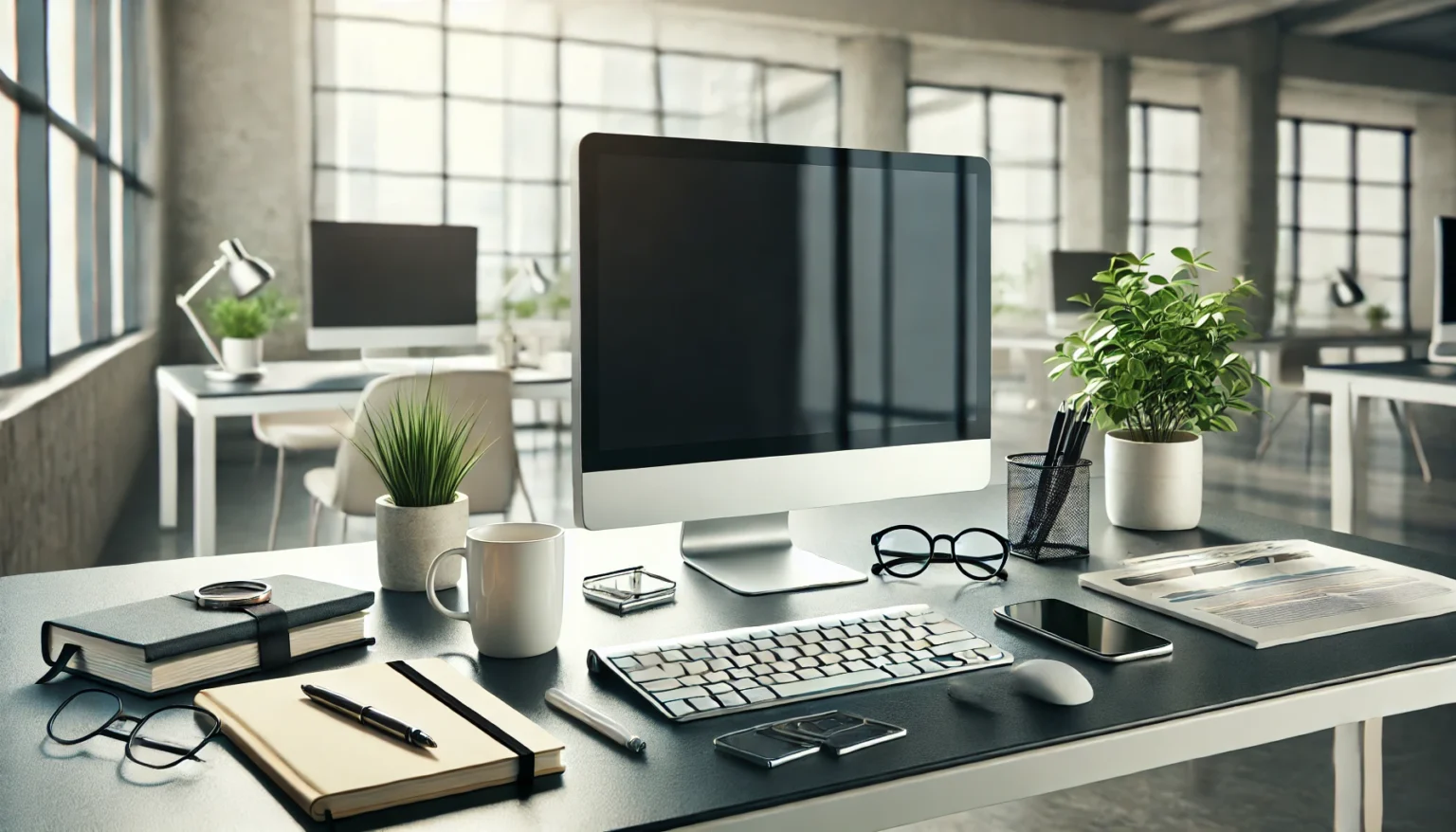 DALL·E 2024 11 13 17.04.33 A horizontal image of a modern office desk with a computer monitor keyboard and a few scattered documents. The desk is clean and organized featurin