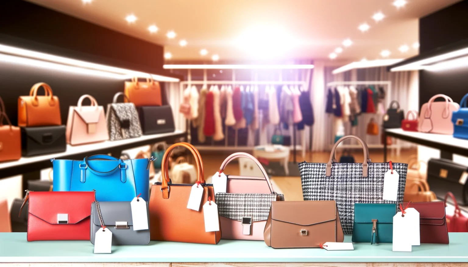 DALL·E 2024 11 14 11.39.41 A wide horizontal image of stylish womens handbags on display showcasing a variety of designs colors and materials. The handbags are displayed as