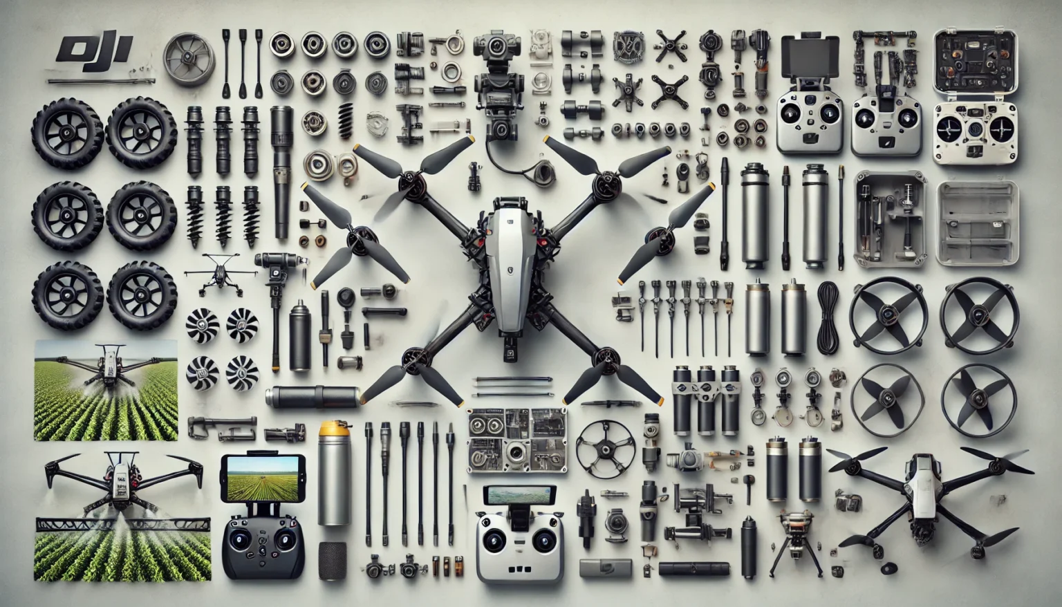 DALL·E 2024 12 10 09.17.48 A detailed horizontal image showcasing various parts and accessories for DJI agricultural drones including propellers motors controllers batteries