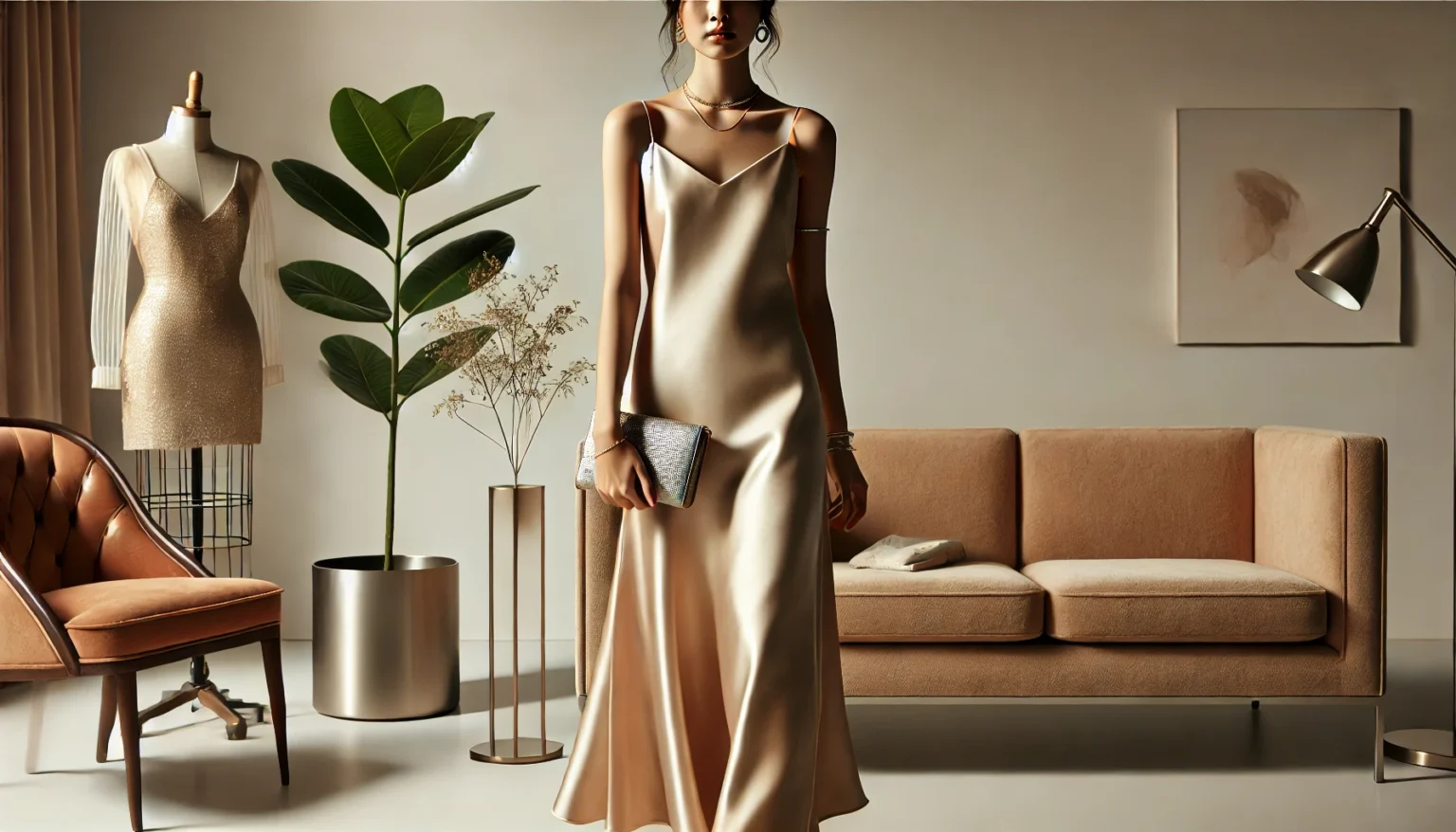 DALL·E 2024 12 10 11.36.19 A stylish horizontal fashion scene showcasing a model wearing a classic slip dress made of shiny satin fabric in a minimalist and elegant setting. Th