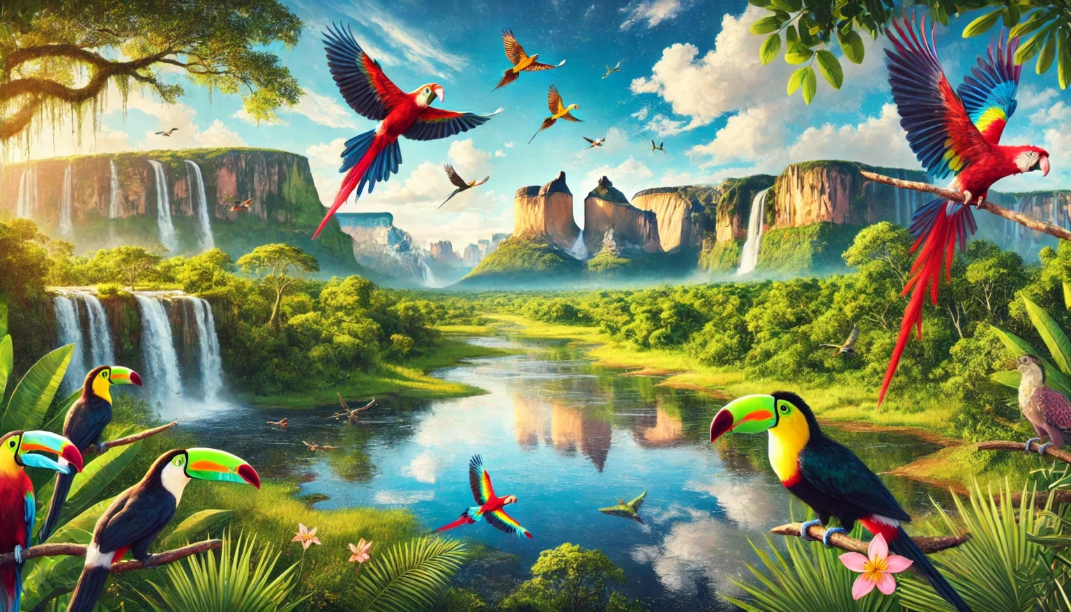 DALL·E 2024 12 10 13.47.51 A scenic and vibrant horizontal image showcasing the beauty of Mato Grosso Brazil. The image features a lush Pantanal wetland with colorful birds lik