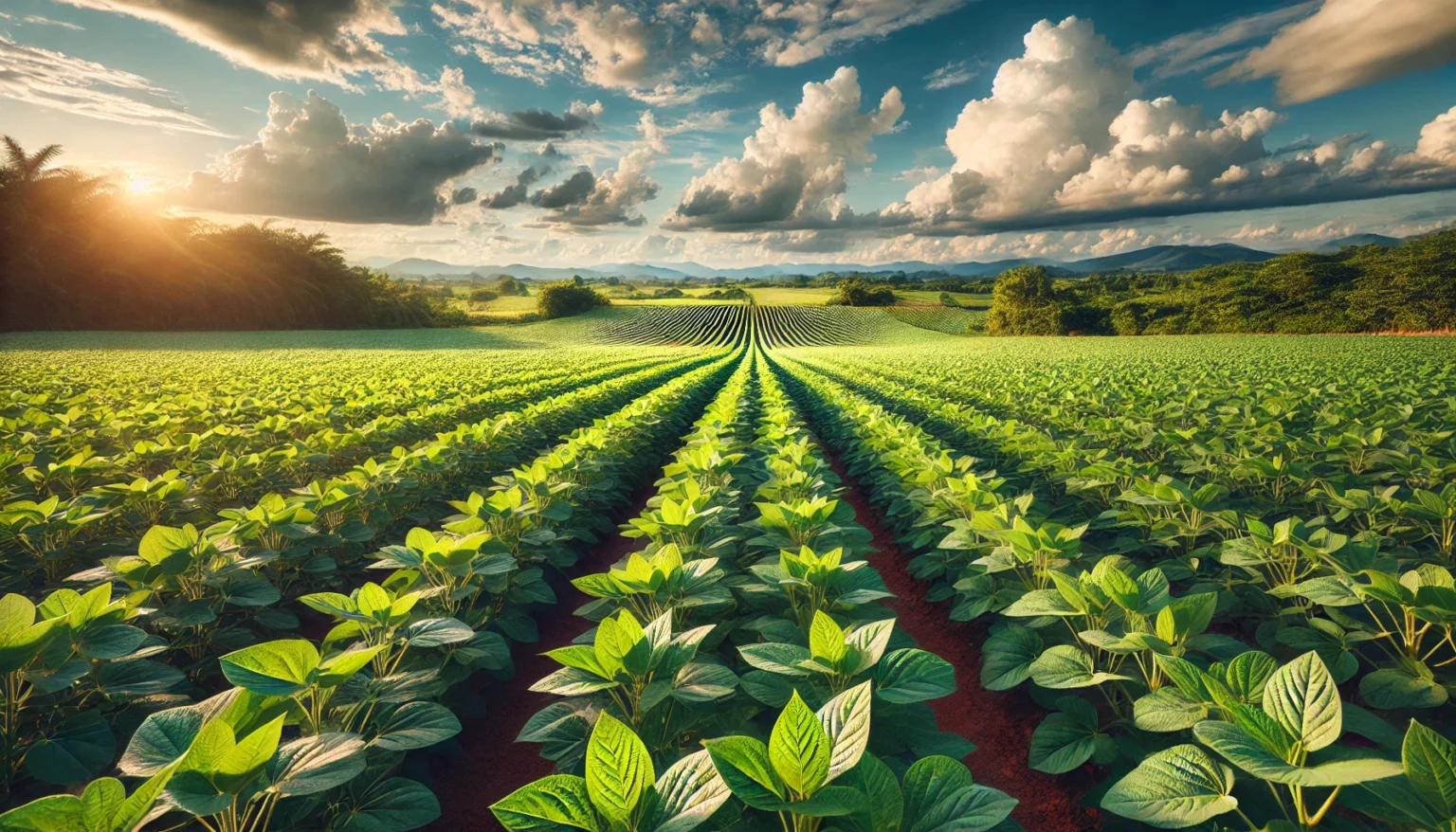 DALL·E 2024 12 10 13.48.49 A wide landscape showcasing a lush soybean plantation under a partly cloudy sky. The scene includes well aligned rows of green soybean plants extendin