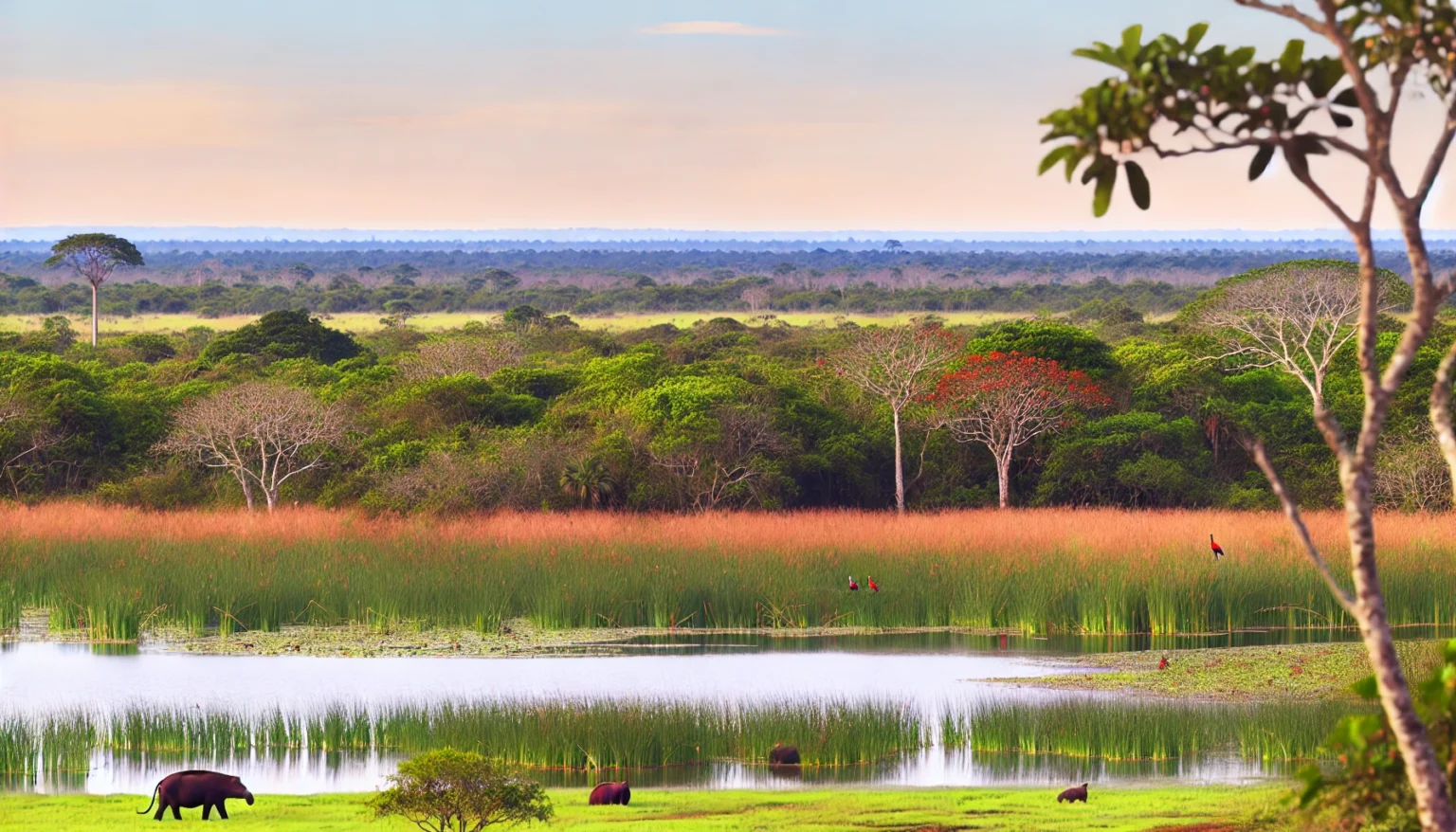 DALL·E 2024 12 10 13.53.52 A picturesque horizontal landscape of the Pantanal emphasizing its vast wetlands rich greenery and wildlife diversity. The foreground features a pe