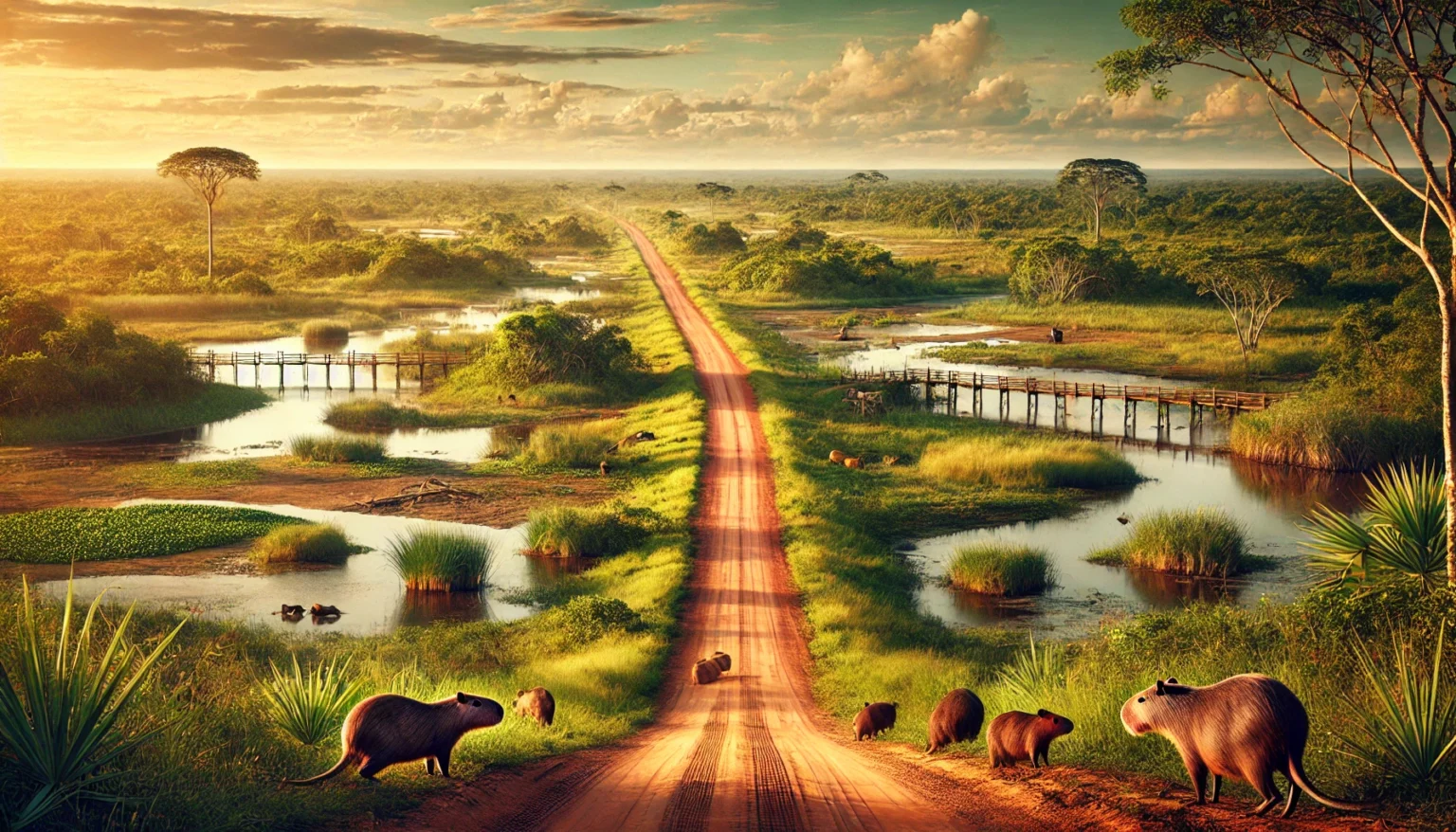 DALL·E 2024 12 10 15.03.40 A picturesque view of the Transpantaneira road in Brazil surrounded by the natural beauty of the Pantanal region. The scene features a long dirt road