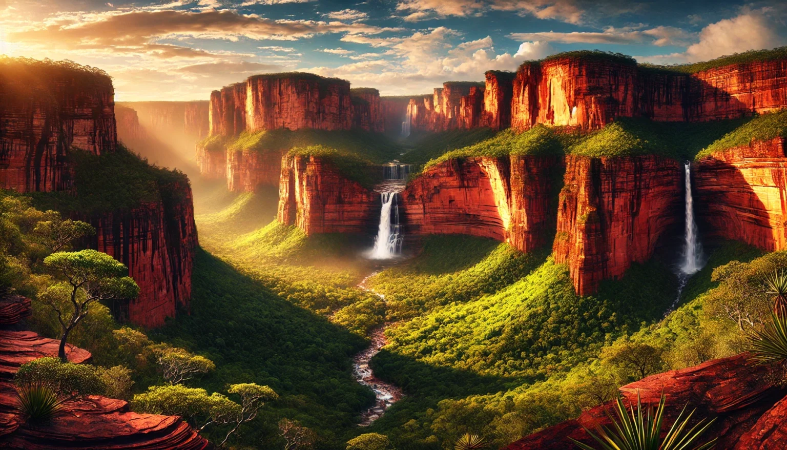 DALL·E 2024 12 10 17.05.41 A breathtaking horizontal landscape of the Chapada dos Guimaraes National Park in Brazil showcasing towering red sandstone cliffs lush green vegetat