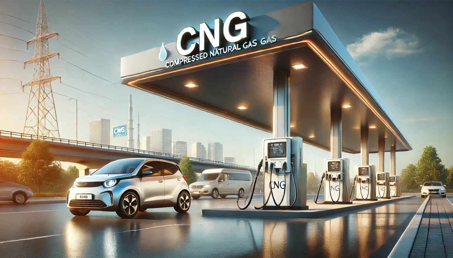 DALL·E 2024 12 23 11.39.04 A realistic horizontal image showcasing a compressed natural gas CNG station with fueling pumps and a car being refueled. The station is clean mode