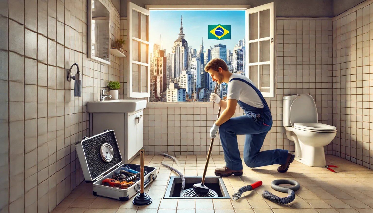 DALL·E 2024 12 23 16.39.07 A realistic scene of a plumber unclogging a drain in Sao Paulo Brazil. The setting includes urban Brazilian architecture visible through a window to