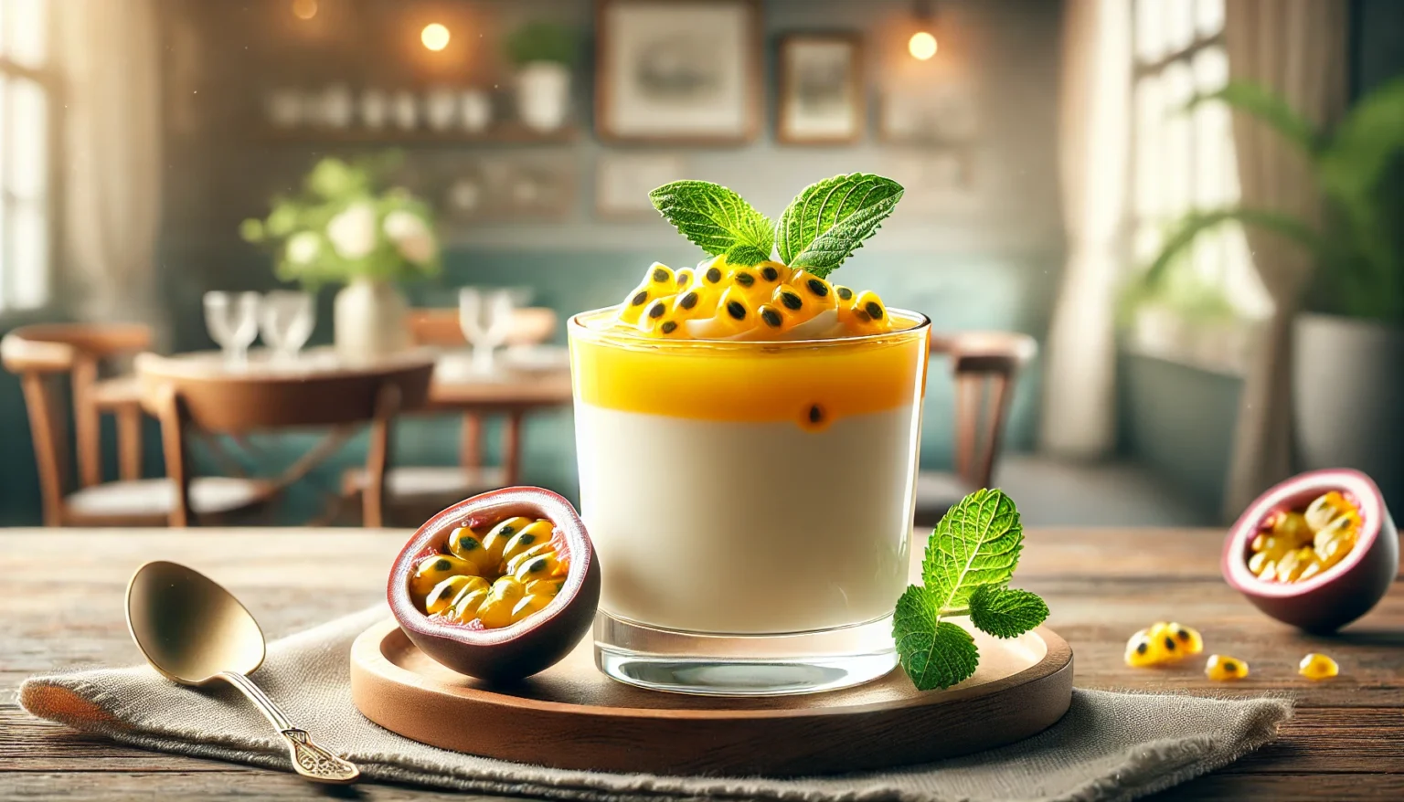 DALL·E 2024 12 25 10.32.50 A hyper realistic image of passion fruit mousse served in a clear glass cup. The mousse is creamy and smooth topped with a vibrant yellow passion fru