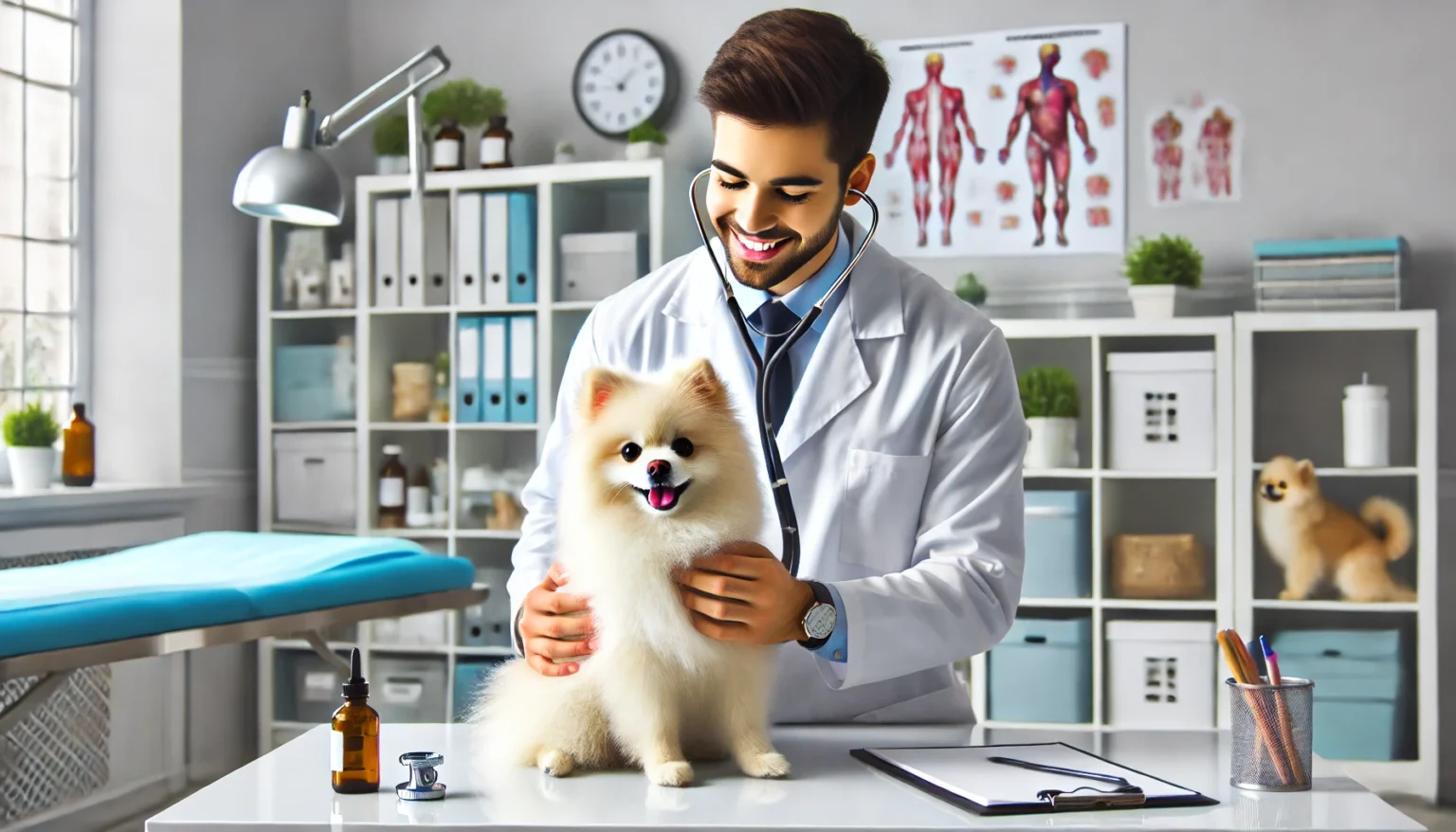 DALL·E 2024 12 30 13.18.20 A wide image of a dog in a veterinary clinic. The dog a small and fluffy white Pomeranian is being examined by a veterinarian wearing a white coat a