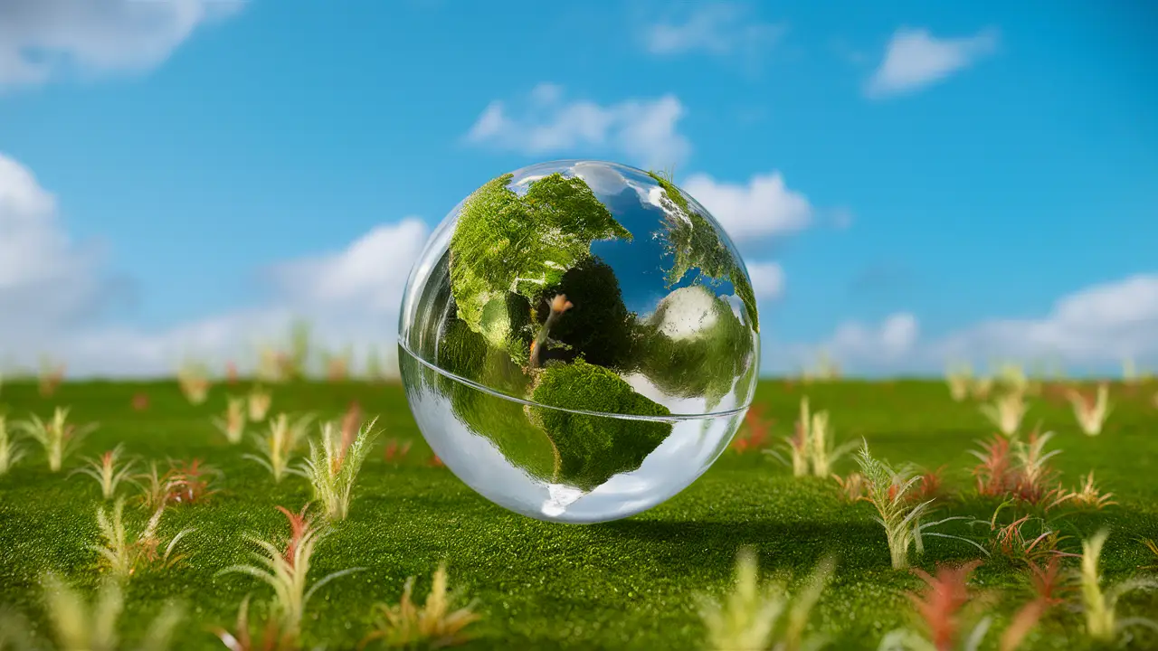 Globo De Vidro Em Superfície Verde Com Plantas Ao Redor E Céu Azul Ao Fundo.