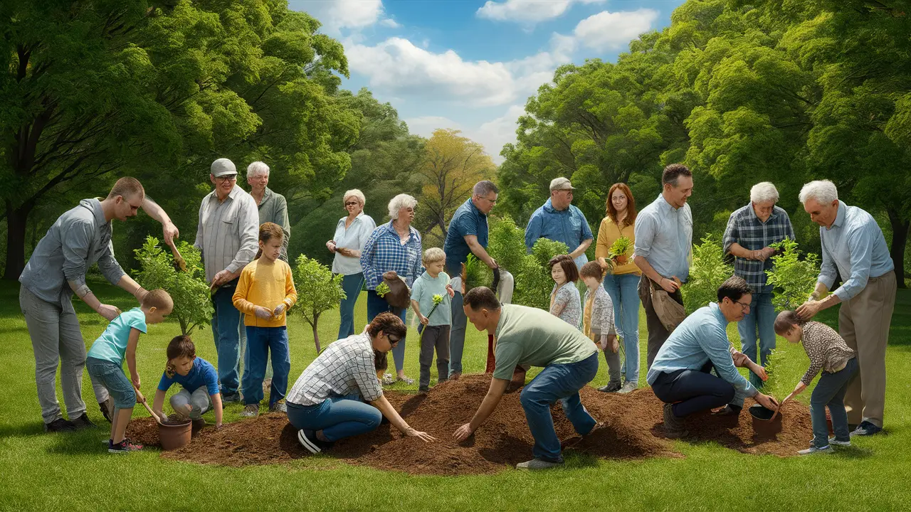 Pessoas De Diferentes Idades Plantando Árvores Em Um Parque Verde Sob Céu Azul.