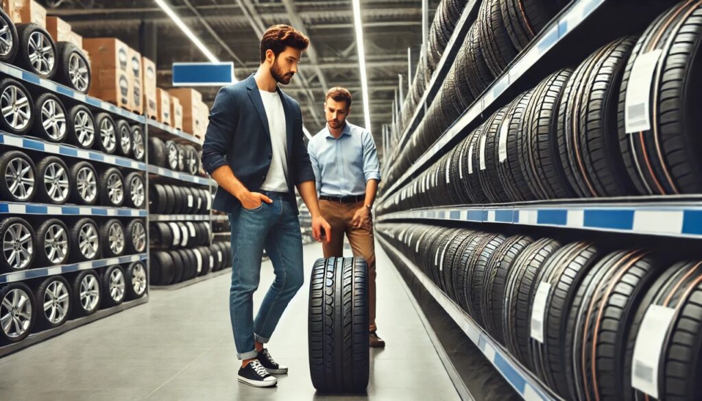 batch DALL·E 2025 02 04 13.03.29 A professional quality horizontal photo of a man shopping for tires in a supermarket. The man dressed in casual attire is carefully inspecting a tir