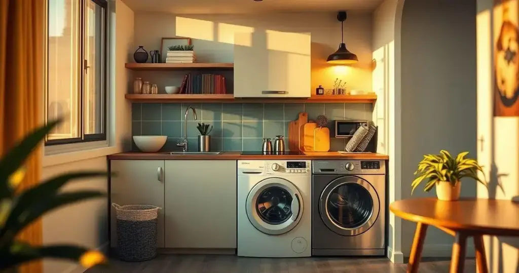 cozinha com lavanderia integrada pequena
