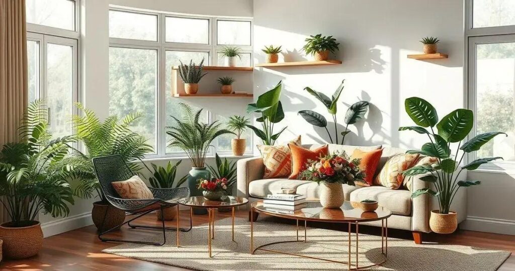 decoração com plantas na sala de estar