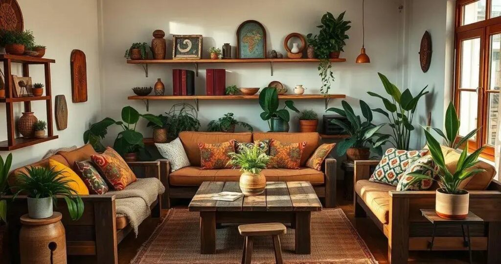 decoração de sala de estar rústica e barata