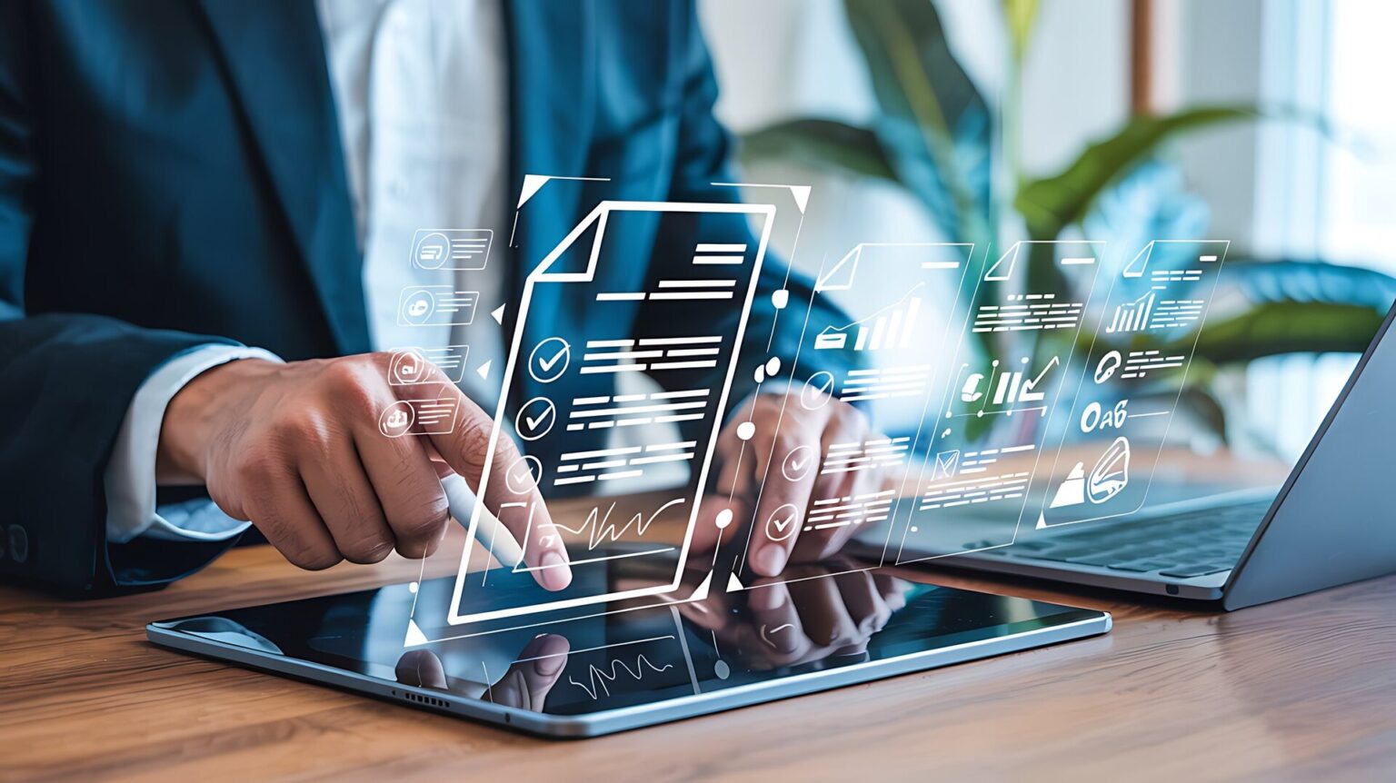 Como a perícia digital identifica fraudes em contratos eletrônicos? Homem em terno usando tablet com gráficos e documentos digitais sobrepostos