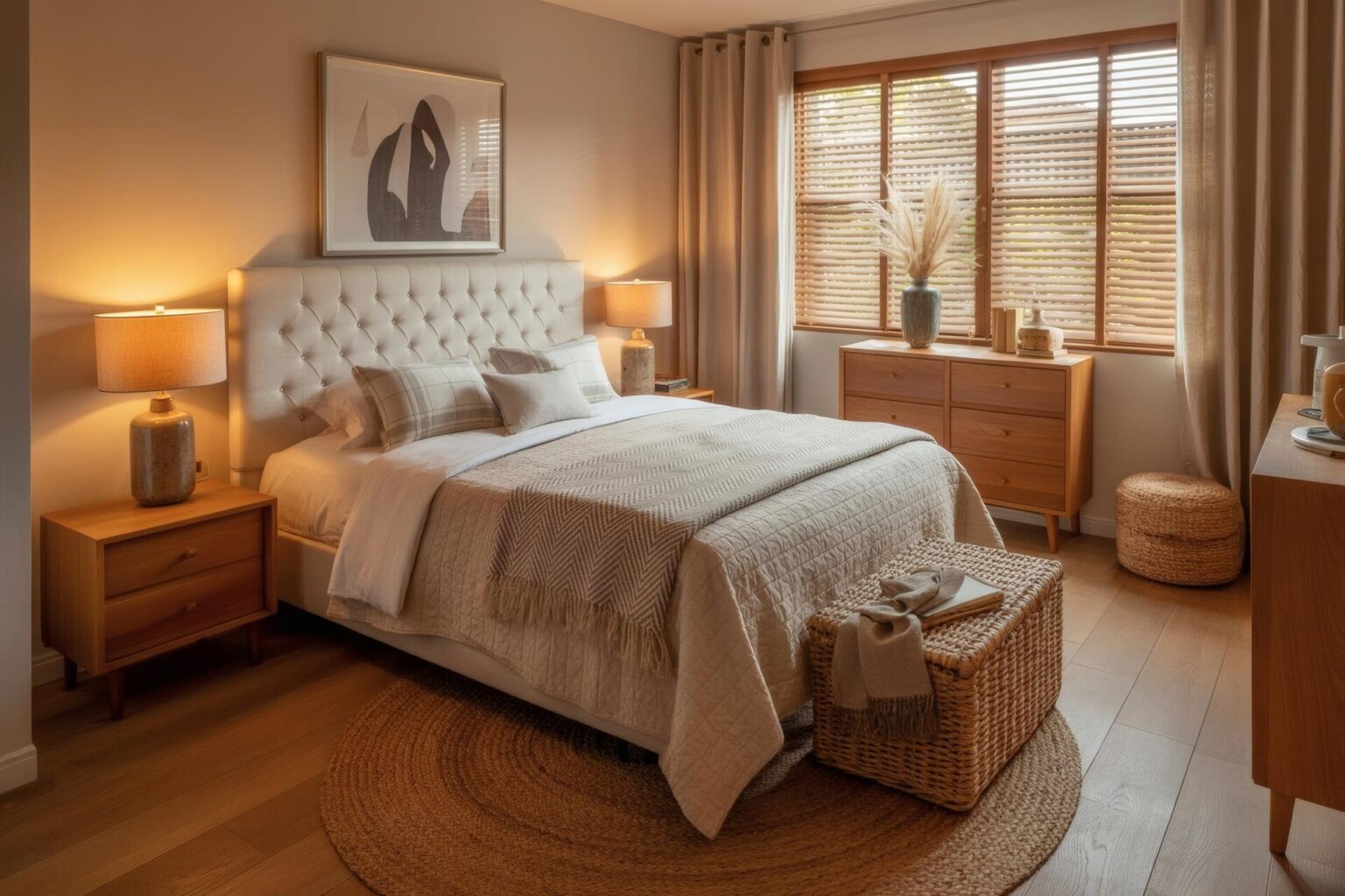 Colchão queen: o que observar antes de trocar o da sua cama Quarto decorado com móveis em tons neutros e iluminação suave.